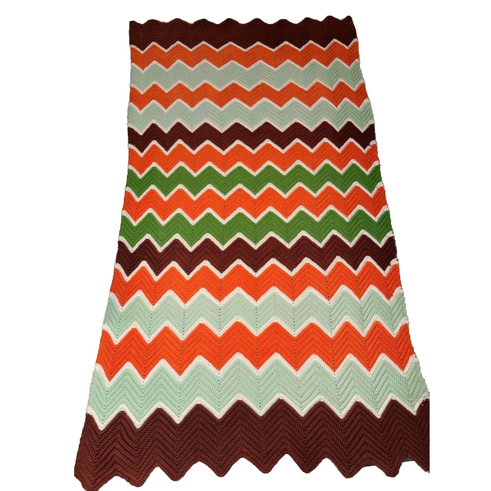 VTG 70's Afghan Chevron Crochet Blanket Throw Handmade Grandma Core 39x72